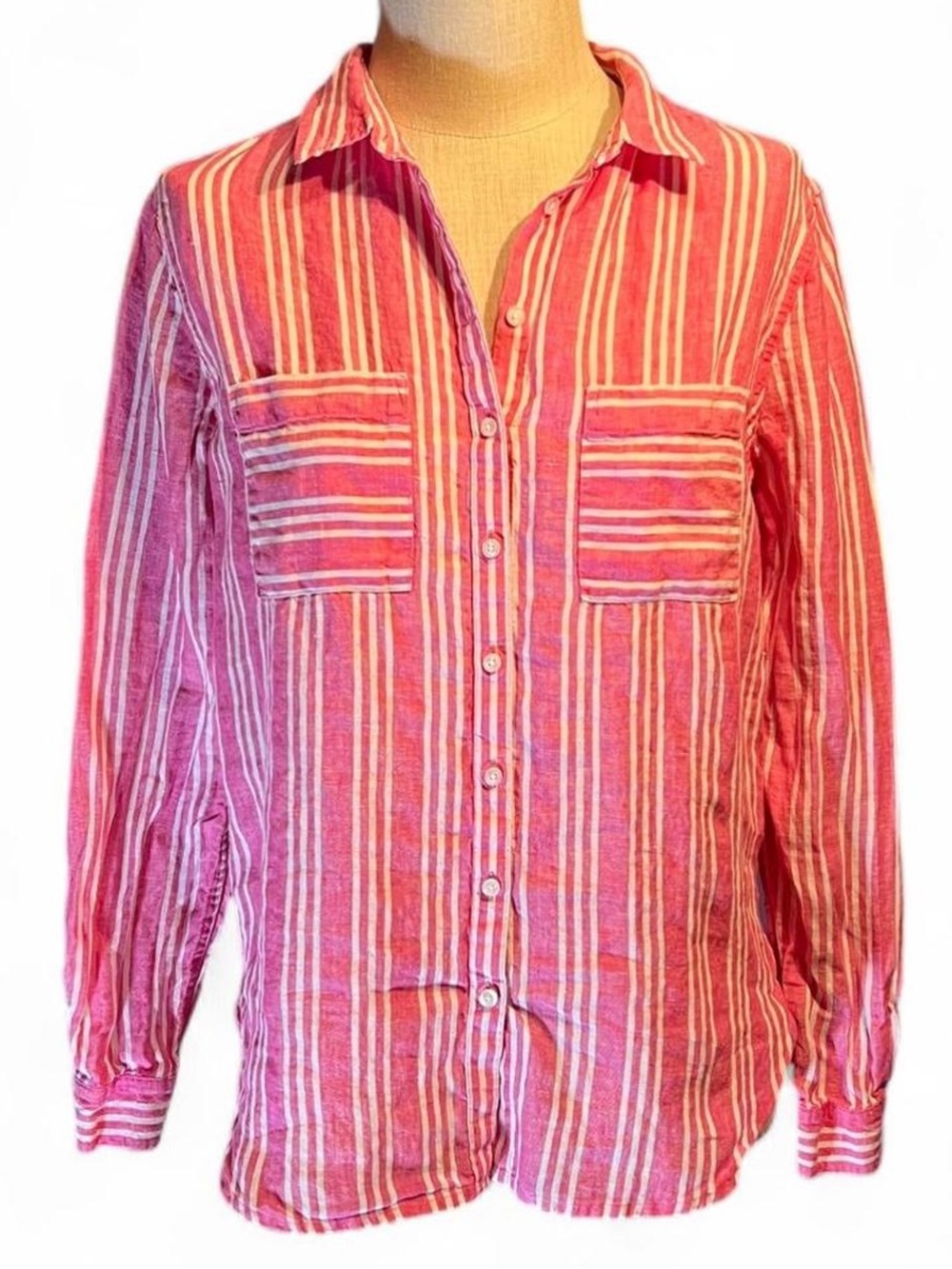 💓Boden Linen Pink & White Striped Button-Down Shirt